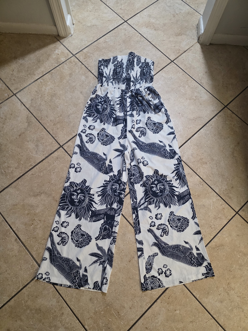 Strapless Wide-Leg Smocked Jumpsuit in White with Navy Sun Print